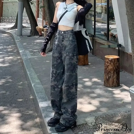 Fashion Camouflage Workwear Spicy Girl Xia Chunqiu High Waisted Wide Legged Slimming Floor Mop