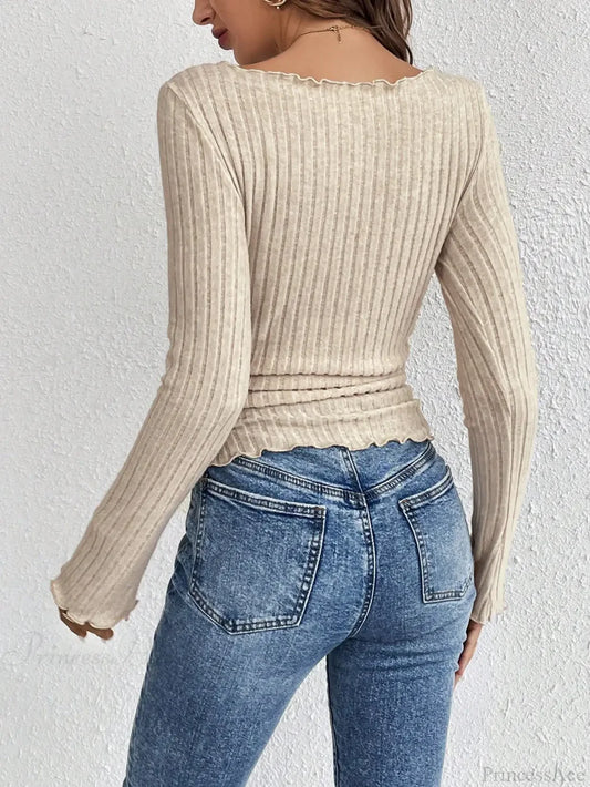 Fashion Round Neck Wooden Ear Edge Long Sleeve Knit Top knittop-250126