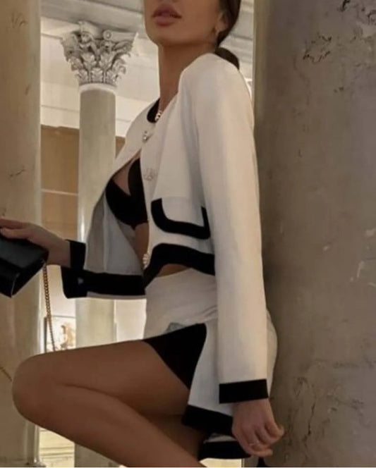 White Patchwork Side Slit Mini Office Two Piece Set