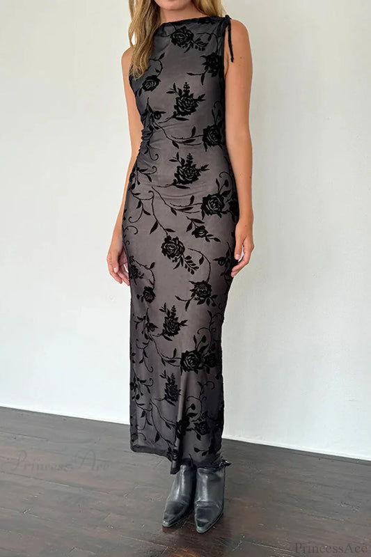 Flocked Mesh Sleeveless Bodycon Maxi Dress Black / S