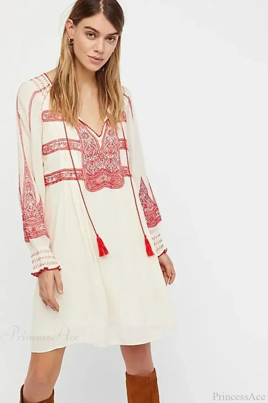 Floral Embroidered Tassel Oversized Cotton Boho Dress bohodress-250126