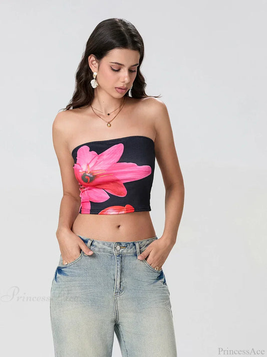 Floral Print Backless Strapless Cropped Tube Top Bandeau Black / S croptop-250126
