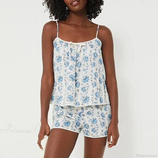 Floral Print Camisole Pajama Set Bow Trim Sleeveless Crop Shorts Two Pieces Set Blue / S twopiecesset-250126