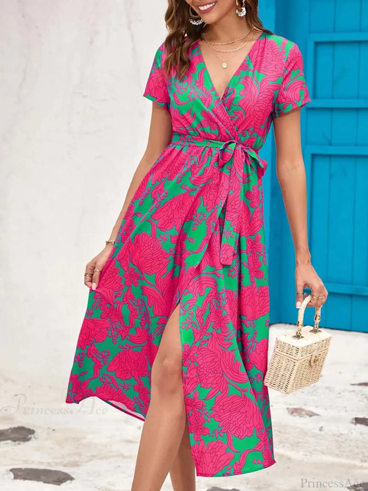 Floral Printed V-neck Summer Dress Pink1 / S oldfloraldress-250126