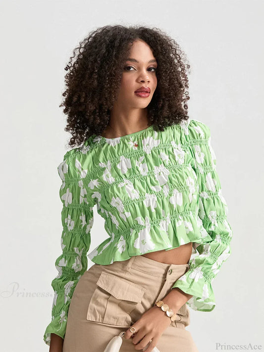 Floral Ruched Boat Neck Long Sleeve Crop T-shirt Green / S croptop-250126