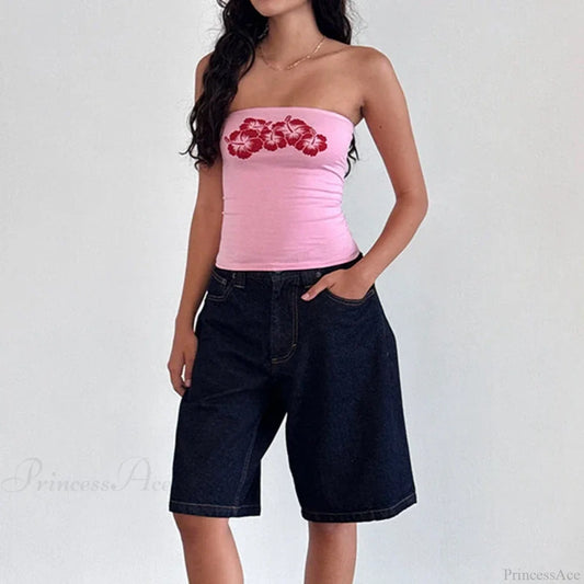 Floral Strapless Bandeau Backless Sleeveless Fairy Coquette Off Shoulder Crop Top croptop-250126