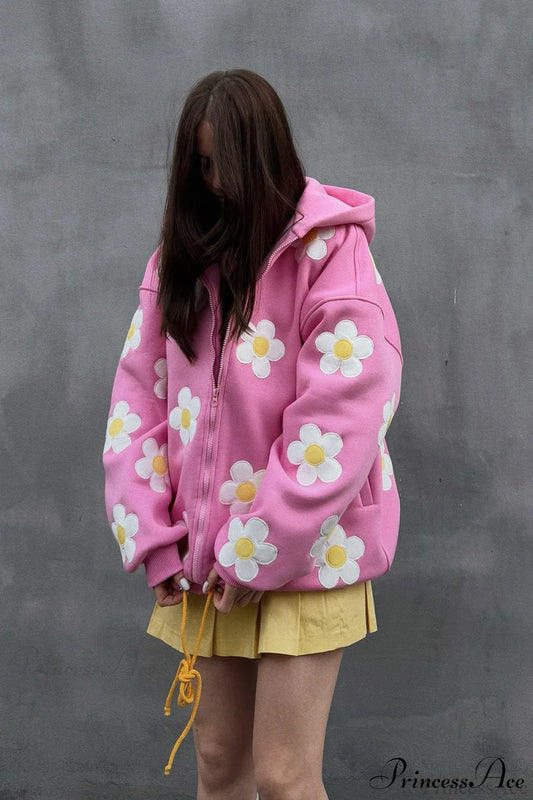 Flower Applique Loose Zip Hoodie