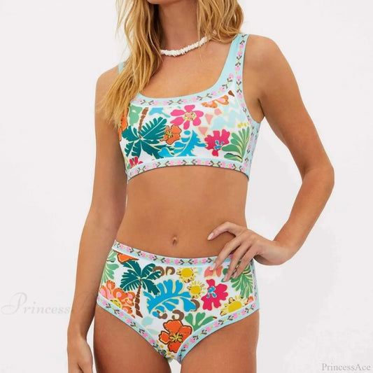 Flower Tree High Waist Bikini Two Piece Set green / S
