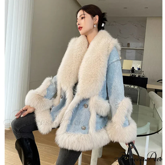 Fur Collar Stylish Denim Patchwork Coat