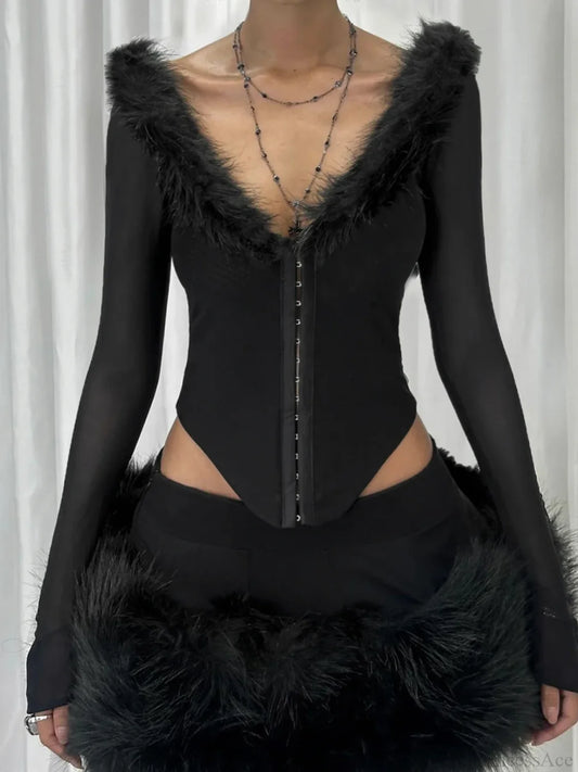 Fur Collar V-neck Knit Top Black / S