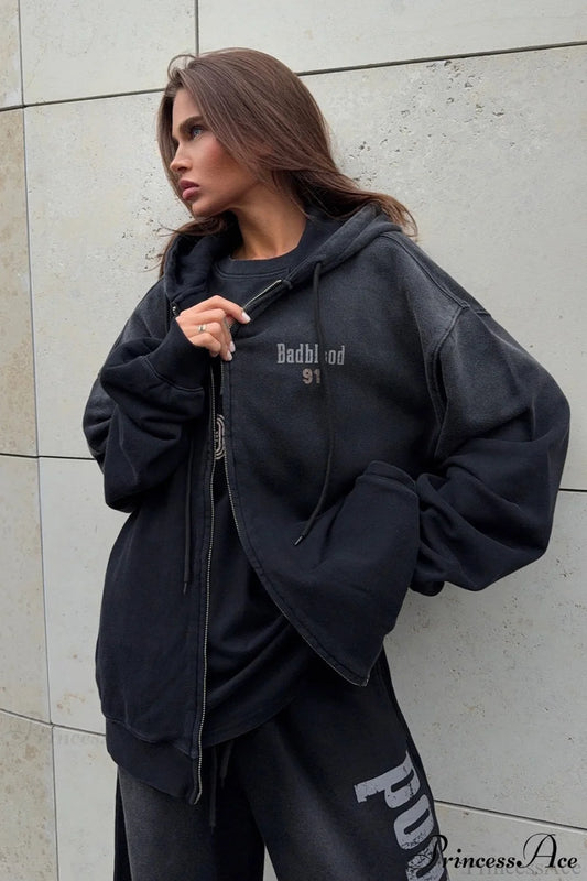 Gradient Letter Distressed Zip Hoodie Grey / S