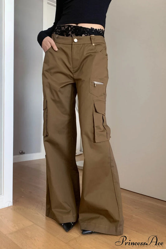 High Waist Loose Multi Pocket Cargo Pants Brown / S