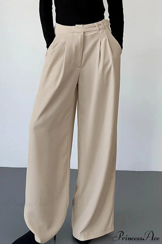 High Waist Loose Wide Leg Solid Pants Khaki / S