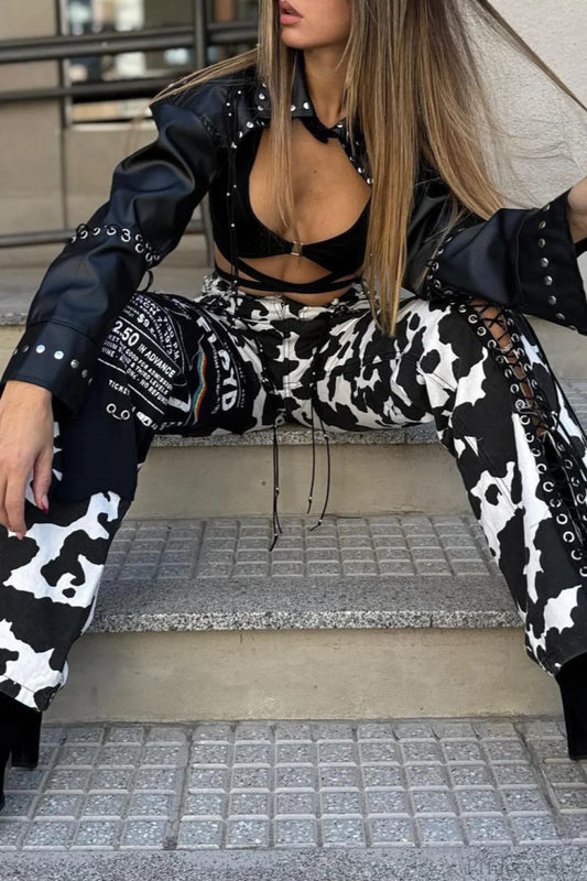 High Waist Slim Milk Print Tassel Rivet Denim Pants