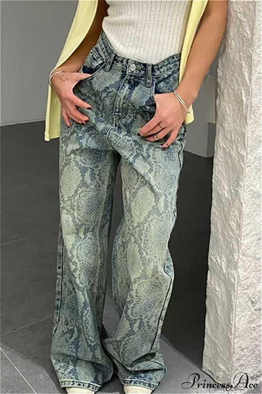 High Waist Snake Print Washed Straight Jeans Blue / S