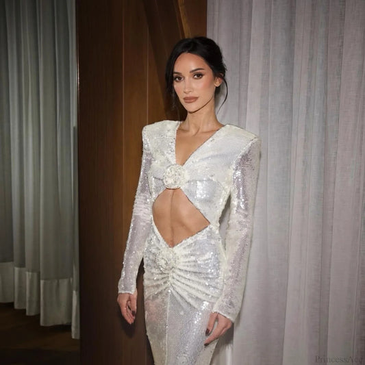 Hollow Out Sequin Deep V Maxi Prom Dress white / XS promdress-250223