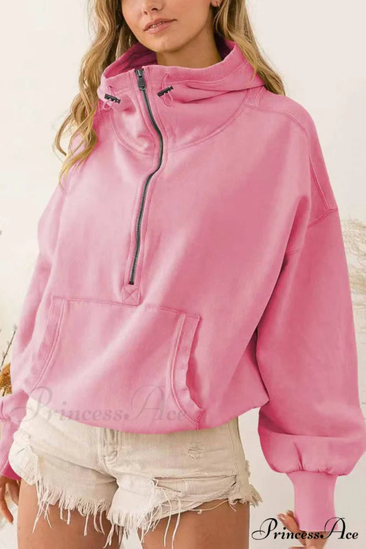 Hooded Sweatshirt With Zipper Pocket And Drawstring Pink / S Sweatshirts
