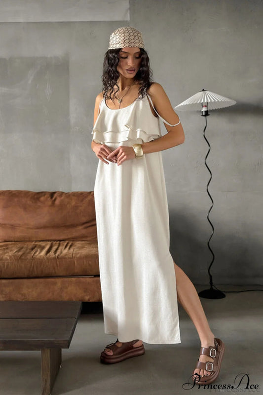 Khaki Linen Cami Ruffled Round Neck Maxi Dress Beige / S