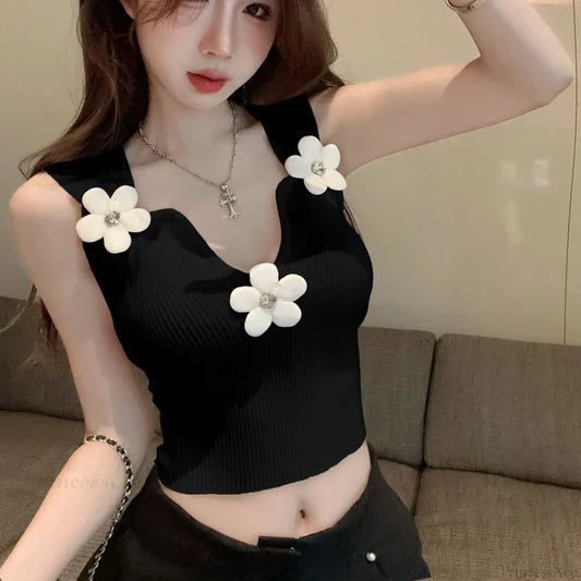 Korean 3D Floral Deep V-Neck Stretchy Crop Top Black / One Size croptop-250126