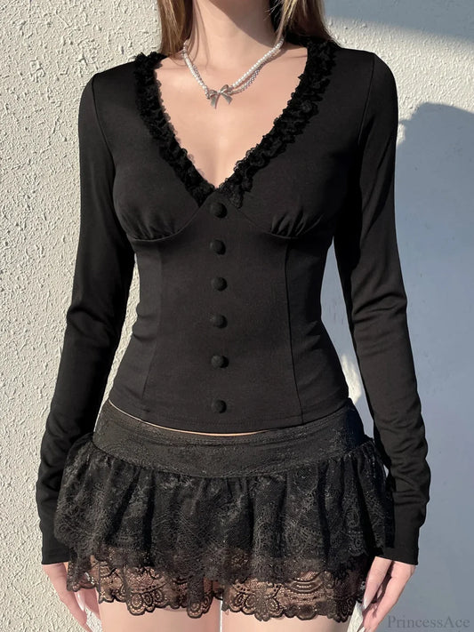 Lace Button Sleeve Knit Top Black / S