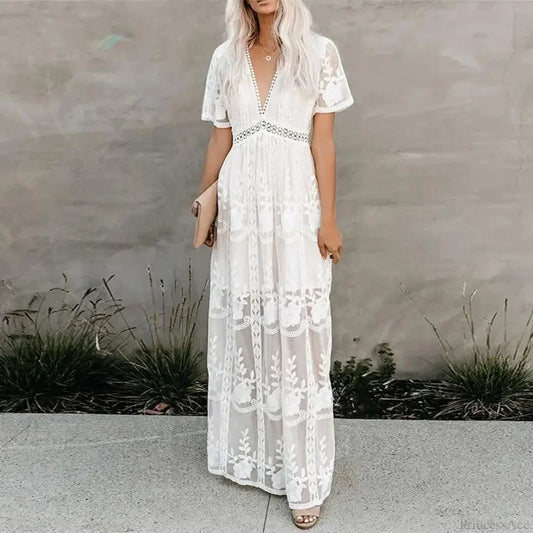Lace Embroidery Patchwork Long Sleeve White Boho Dress White / S bohodress-250126