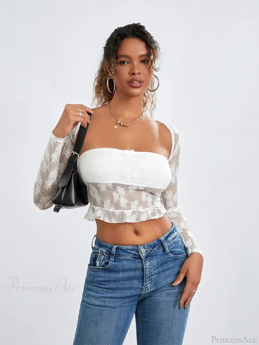 Lace Shrug Two-piece Floral Sheer Mesh Crop Outfit croptop-250126