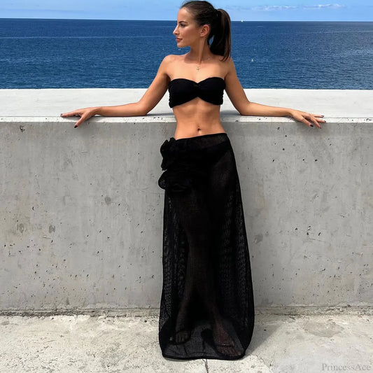 Lace Solid Strappy Skirt Three Piece Swimsuit Black / S