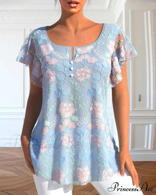 Floral Print Lace T-Shirt Blue 23BF clothes Short Sleeve Tops Spring Summer T-shirts Tops/Blouses