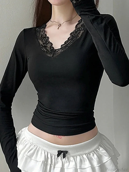 Lace V-neck Patchwork Knit Top