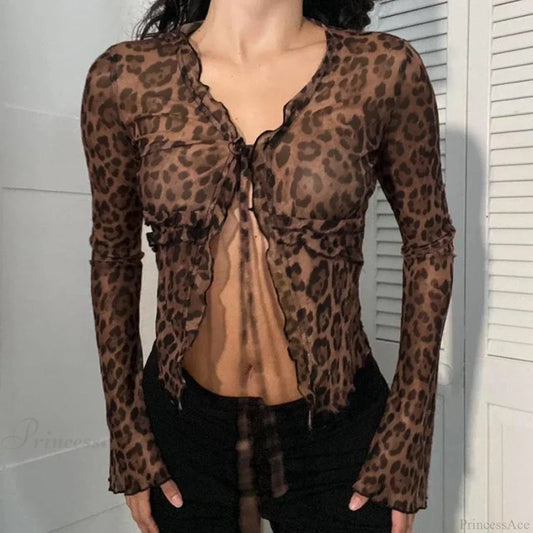Leopard Mesh Knit Top Brown / S