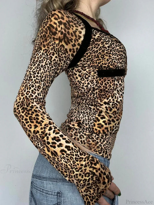 Leopard Patchwork Slim Square Collar Long Sleeve Knit Top knittop-250126