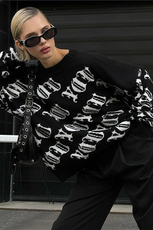 Letter Color Block Long Sleeve Knit Sweater