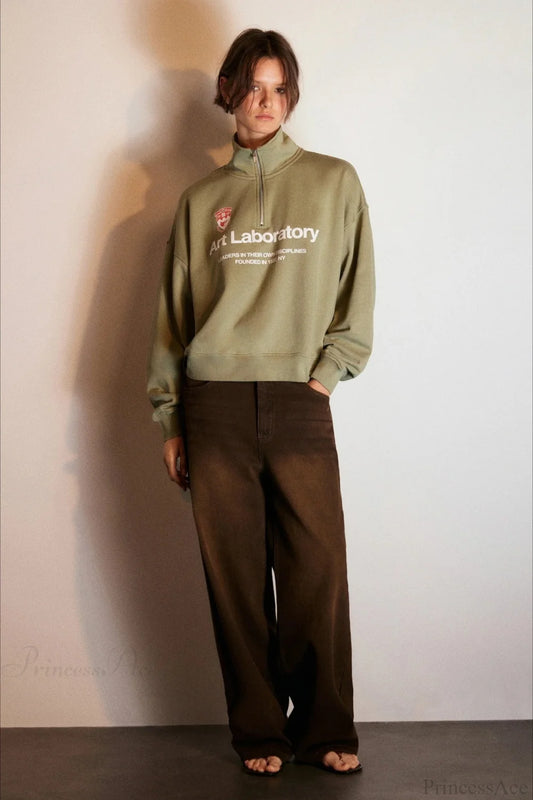 Letter Print Half Zip Stand Collar Loose Sweatshirts