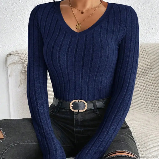 Light Luxury Simple Slim Comfortable V-Neck Pullover Top Women blue / XS knittop-250126