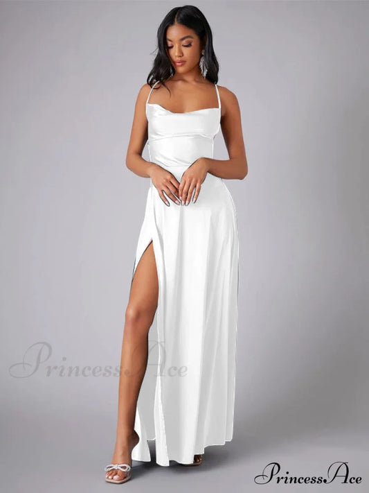Lola High Stylish Slit Satin Dress White / S S.o. Long Dresses