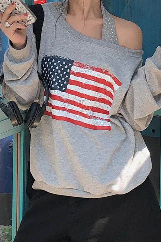 Loose Striped Print Halter Off Shoulder Fake Two Piece Sweatshirt Grey / S