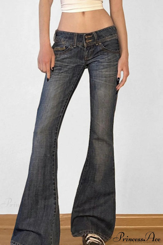 Low Waisted Washed Slim Flared Leg Jeans