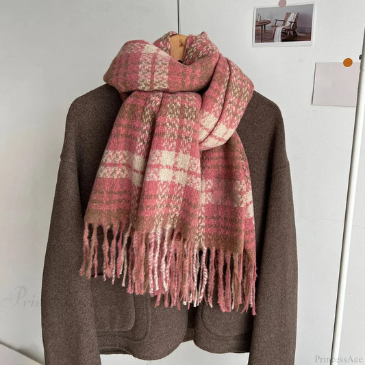 Luxury Plaid Cashmere Long Bandana Pashmina Scarf For Women Pink 1 Scarfs-L