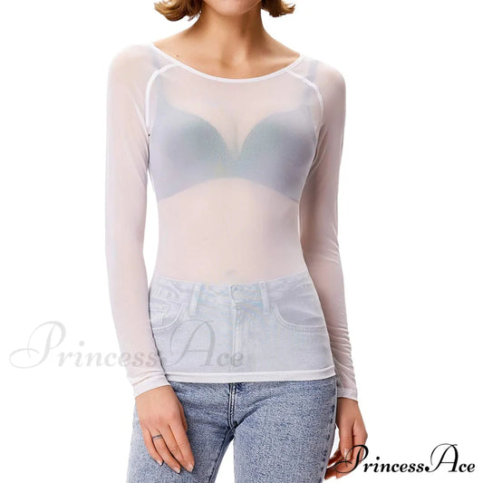 Women's Long Sleeve Sheer Mesh Sheer Top White __stock:200 clothes refund_fee:800 tops