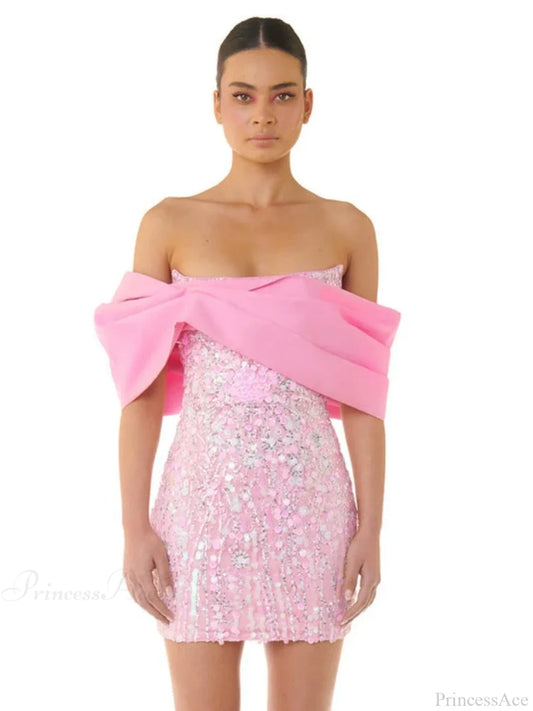 New Sexy Off Shoulder Sequins Pink Slash Neck Sparkly Elegant Christmas Party Dress Dresses-L