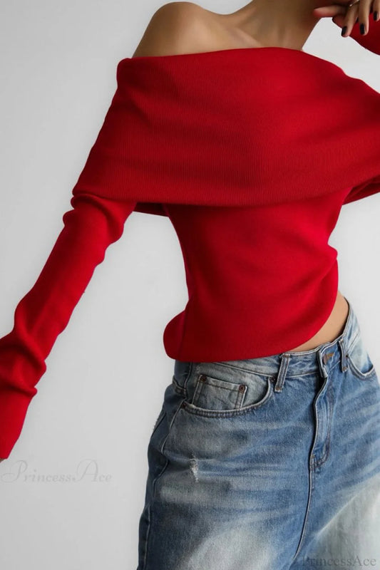 Off-Shoulder Fitted Long-Sleeve Knit Top