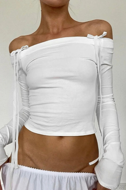 Off-the-Shoulder Tie Detail Fitted Long Sleeve Blouse White / S