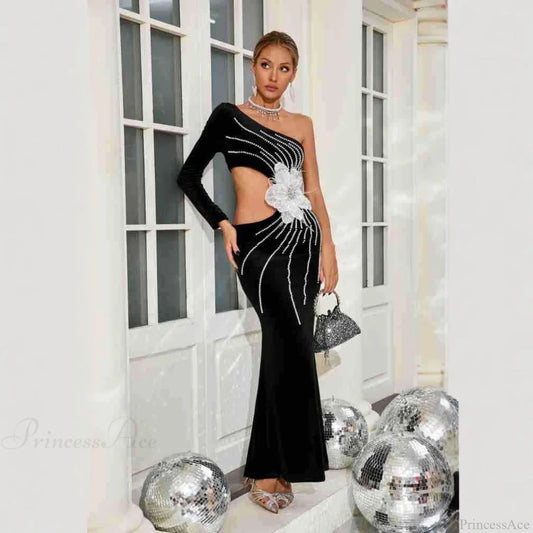 One Shoulder Pearl Embellished Elegant Prom Dress promdress-250223