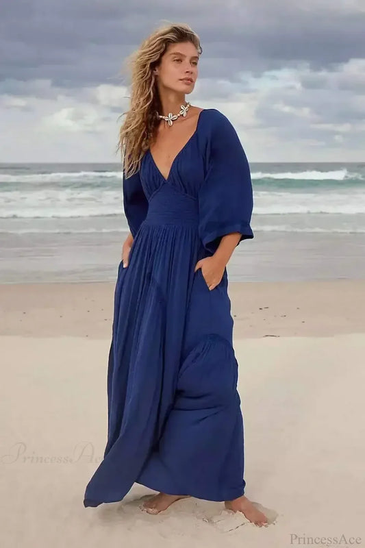 Oversized Backless Deep V Cotton Boho Dress Blue / S bohodress-250126