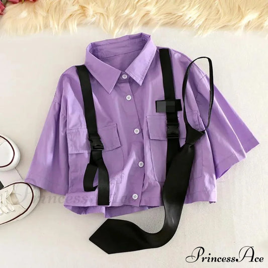 Pants Ribbon Autumn Blouse & Short-Sleeved High-Waist Streetwear Loose Cargo Straight Set Purple