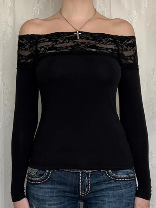 Patchwork Lace Cropped Slim Slash Neck Long Sleeve Knit Top knittop-250126