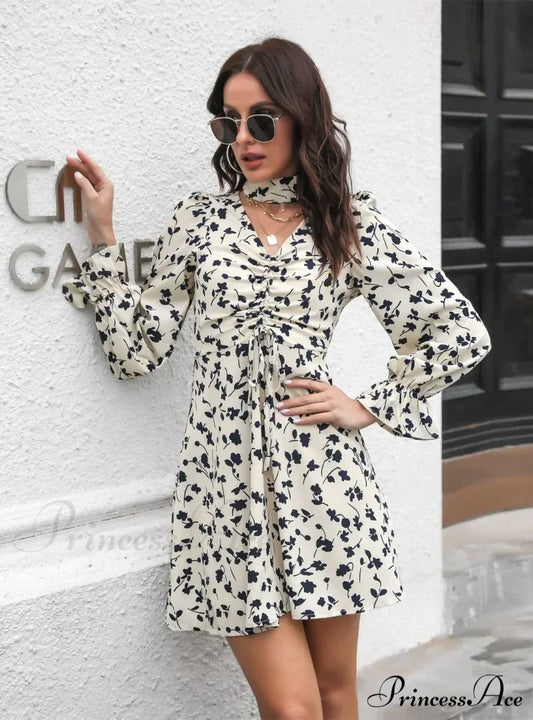 Patterned Arm Flared Flowered Gown With V-Neck Chiffon Drawstring S / Black Dresses