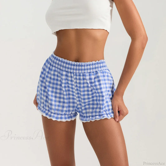 Plaid Lace Trim Elastic Waist Short short-250223