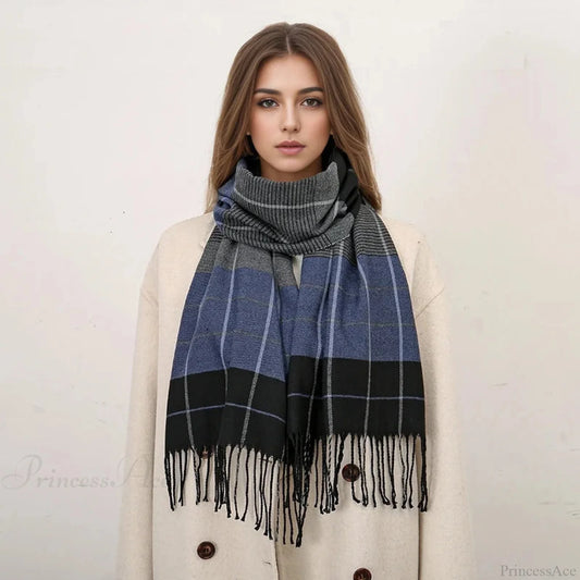 Plaid Print Cashmere Winter Pashmina Scarf With Tassels Scarfs-L