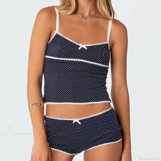 Polka Dot Vintage Crop Tops Micro Shorts Two Pieces Set blue / S twopiecesset-250126